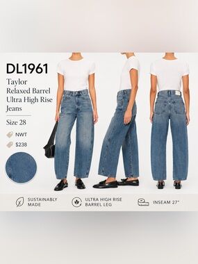 DL1961 Taylor Relaxed Barrel Ultra High Rise Jeans in Salt Lake Colorway Size 28